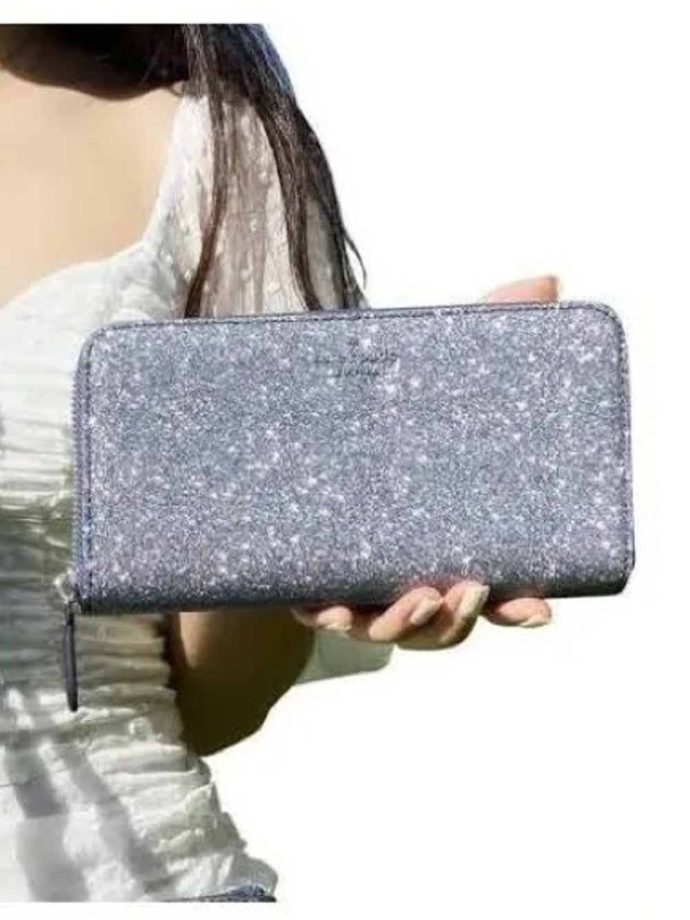 kate spade Lola Dusk Navy Glitter Zip Wallet with silver undertones like new